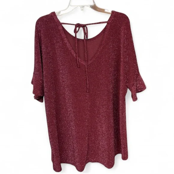 NWT Misia Curvy 2X Burgundy Metallic Sparkle Tie-Back Ruffle Sleeve Top - Picture 8 of 9